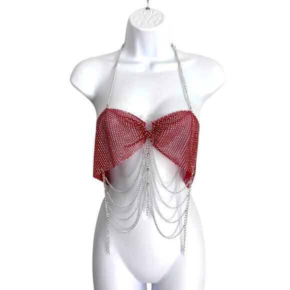 Mesh Chain Halter Top Rave Festival One Size- Red - Picture 1 of 3